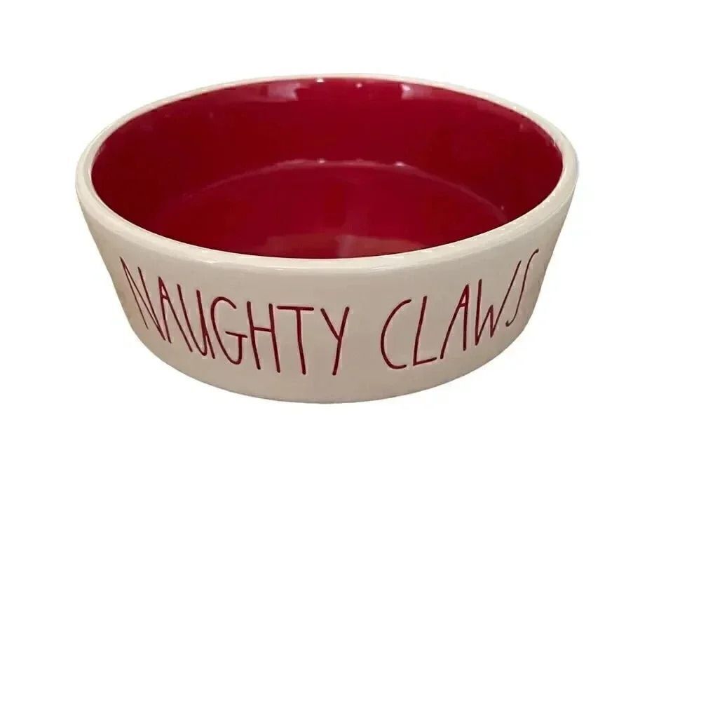 Rae Dunn Naugthy Claws Pet Food Bowl Matte cream and red ceramic bowl